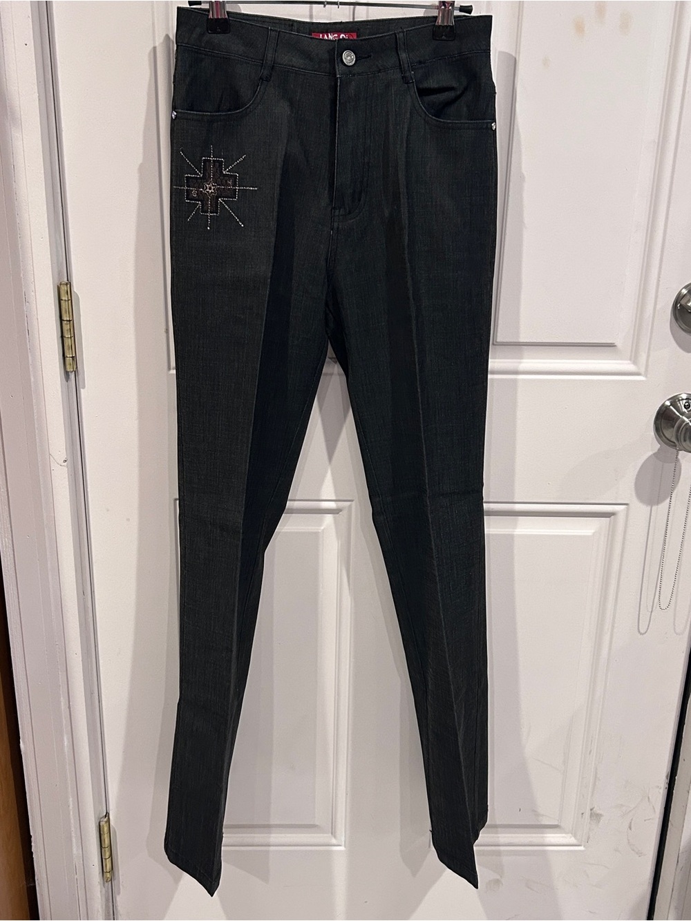 Straight Leg Women's Jeans in Black with Embellished Cross Detail